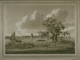 Figures transporting vegetables along the bank of the River Thames
